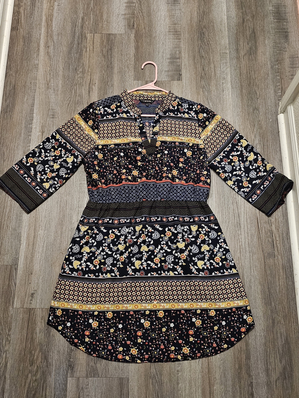 Boho Floral Patchwork Long Sleeve Dress - Black with Yellow Accents